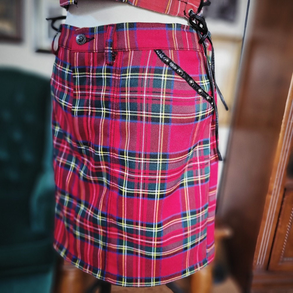 Sourpuss Red Tartan Plaid Mini Skirt Punk Goth Rockabilly Studded‎ Y2K XXL - Picture 3 of 8